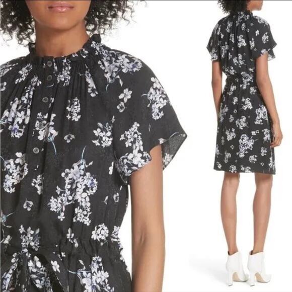 REBECCA TAYLOR Black Silk Floral Hydrangea Button Up Mock Neck Dress Size 48 - Picture 8 of 11